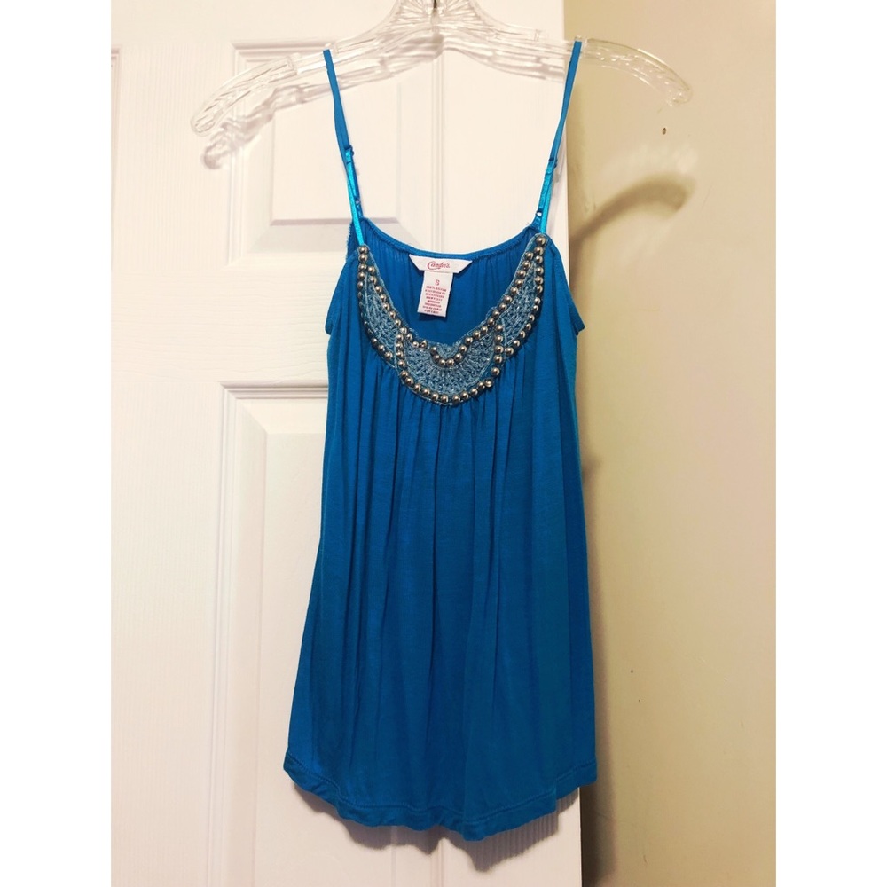 Blue Tank with Beaded Neckline